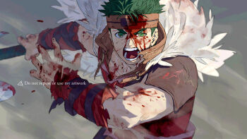 1boy 91007 axe blood blood_on_arm blood_on_clothes blood_on_face blood_on_hands boyd_(fire_emblem) commentary_request fire_emblem fire_emblem:_radiant_dawn green_eyes green_hair headband highres holding holding_axe male_focus nintendo open_mouth short_hair