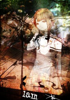 1girl asymmetrical_hair bare_arms bare_shoulders brown_eyes brown_hair character_name collarbone dress hair_ornament hand_up iwakura_lain long_hair power_lines ruka_(blueplus84) serial_experiments_lain solo utility_pole white_dress x_hair_ornament