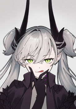 1girl black_cloak black_hands body_markings choker cloak colored_extremities crossed_bangs demon_girl demon_horns ear_piercing fate/grand_order fate_(series) green_eyes grey_hair hair_between_eyes highres horns kokonattsu_tea licking_lips lilith_(fate) lilith_(second_ascension)_(fate) long_hair looking_at_viewer piercing pointy_ears solo tongue tongue_out twintails very_long_hair