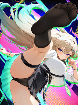 1girl black_panties black_skirt black_socks blonde_hair breasts closed_mouth colorful_background commentary_request earrings fingernails green_necktie hair_intakes hair_ornament hand_up high-waist_skirt highres id_card jewelry light_blush looking_at_viewer lynae_(wuthering_waves) medium_breasts nail_polish necktie no_shoes paid_reward_available panties partial_commentary purple_eyes purple_nails radoremo shirt skirt skull_hair_ornament socks solo star_(symbol) star_earrings thighs toes underwear white_shirt wuthering_waves