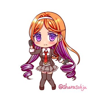 1girl asymmetrical_sidelocks black_gloves black_jacket chibi drill_hair full_body gloves gradient_hair grey_skirt grey_thighhighs hairband izumi_shara jacket kantai_collection long_hair multicolored_hair necktie orange_hair purple_eyes purple_hair red_necktie side_drill sidelocks simple_background skirt solo thighhighs twitter_username white_background white_hairband yuugure_(kancolle)