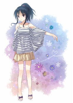 1girl bad_id bad_pixiv_id bare_shoulders black_hair collarbone female_focus flower footwear_bow full_body original outstretched_arm ponytail purple_eyes sandals sidelocks skirt solo standing yakka