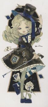 1girl acrylic_paint_(medium) black_dress blonde_hair blue_eyes blue_ribbon bow collar commentary dress earrings flower frilled_collar frills full_body hand_up hat highres holding jewelry karintoun key keyhole leg_up long_hair long_sleeves magician mary_janes neck_ribbon original painting_(medium) pale_skin parted_bangs ribbon rose shoes signature sky solo standing standing_on_one_leg star_(sky) starry_sky symbol-only_commentary thighhighs top_hat traditional_media watercolor_(medium) wavy_hair white_background white_flower white_rose