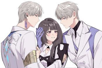 1girl 2boys absurdres black_corset black_gloves black_shirt blue_eyes blunt_bangs blush breasts brown_hair collared_shirt corset dual_persona earrings gloves grey_hair group_sex hair_between_eyes hand_on_another&#039;s_head hand_on_another&#039;s_shoulder highres jacket jealous jewelry long_hair looking_at_another love_and_deepspace medium_breasts mmf_threesome multiple_boys nervous_smile parted_lips pink_eyes protagonist_(love_and_deepspace) purple_gloves shirt shirt_under_shirt shiwu short_hair smile suit_jacket sweatdrop tassel tassel_earrings threesome turtleneck upper_body white_background white_jacket white_shirt xavier_(love_and_deepspace)