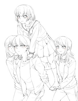 4girls :3 bang_dream! bang_dream!_it's_mygo!!!!! blush closed_eyes closed_mouth doki_(oox3o) greyscale hair_between_eyes hanasakigawa_school_uniform highres jacket kaname_raana kneehighs lineart long_hair medium_hair misumi_uika monochrome multiple_girls no_shoes open_mouth pants pleated_skirt sailor_collar school_uniform serafuku shiina_taki skirt socks yahata_umiri