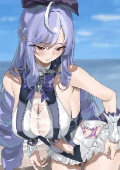 1girl absurdres adjusting_clothes ahoge bare_shoulders beach black_bow blue_gemstone blue_sky blush bow bowtie breasts closed_mouth clothing_cutout cloud cloudy_sky commentary_request drill_hair frilled_one-piece_swimsuit frilled_wrist_cuffs frills gem hair_bow heart_cutout highres horizon large_breasts leaning_forward long_hair looking_down navel nekoshima_kaede no_mole ocean official_alternate_costume one-piece_swimsuit outdoors pointy_ears purple_bow purple_bowtie purple_hair purple_nails red_eyes sand see-through_clothes sideboob_cutout sky solo stomach stomach_cutout swimsuit two-tone_one-piece_swimsuit vivian_banshee vivian_banshee_(iris_of_the_shore) water wrist_cuffs zenless_zone_zero