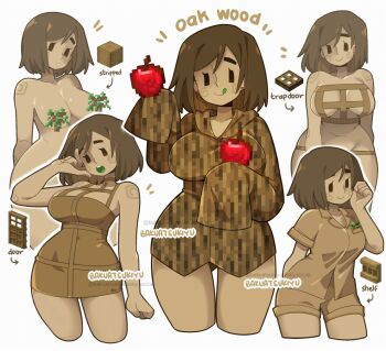 1girl :p apple arm_up artist_name bakuatsukiyu bare_shoulders black_eyes block_(minecraft) bluesky_username bondage_outfit breasts brown_dress brown_hair brown_shirt brown_shorts censored cowboy_shot dress earrings english_text food fruit hair_between_eyes hand_on_own_face holding holding_food hood hood_down hoodie jewelry large_breasts long_sleeves medium_hair minecraft multiple_views navel no_pupils novelty_censor nude open_mouth original parted_lips personification plant raised_inner_eyebrows reference_inset shirt short_dress shorts sleeves_past_fingers sleeves_past_wrists smile stomach thick_eyebrows thighs tongue tongue_out