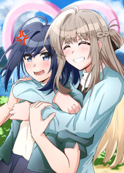 2girls absurdres arms_around_neck blue_cardigan blue_eyes blue_hair blue_sky blush braid brown_hair cardigan closed_eyes commentary_request day grin half_up_braid hand_on_another&#039;s_arm heart highres hug hug_from_behind melonpan134 miyagi_shiori multicolored_hair multiple_girls open_mouth outdoors sendai_hazuki shuuniichido_classmate_wo_kau_hanashi sky smile two-tone_hair upper_body yuri