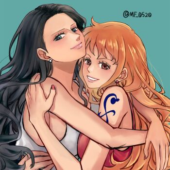 2girls arm_tattoo black_hair blue_background blue_eyes earrings eyelashes hair_behind_ear highres hug jewelry long_hair looking_at_viewer mf_0520 multiple_girls nami_(one_piece) nico_robin one_piece orange_eyes orange_hair pearl_earrings pink_lips red_nails red_tank_top simple_background smile tank_top tattoo twitter_username white_tank_top