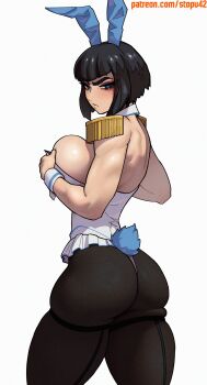 1girl :/ absurdres animal_ears artist_name ass backless_leotard black_hair black_pantyhose blue_eyes blush breasts bright_pupils closed_mouth commentary cowboy_shot detached_collar english_commentary epaulettes eyelashes fake_animal_ears fake_tail frilled_leotard frills highres kill_la_kill kiryuuin_satsuki large_breasts leotard light_blush looking_at_viewer pantyhose patreon_username playboy_bunny rabbit_ears rabbit_tail short_hair simple_background skindentation solo standing stopu strapless strapless_leotard tail thick_eyebrows thick_thighs thigh_strap thighs thong_leotard turning_head v-shaped_eyebrows watermark web_address white_background white_leotard white_pupils white_wrist_cuffs wrist_cuffs