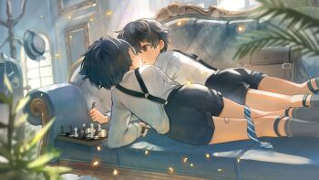 2boys ass black_hair black_shorts black_socks blue_necktie board_game brown_eyes chess cocolo_(co_co_lo) commentary_request couch diagonal-striped_clothes diagonal-striped_necktie highres lying male_focus multiple_boys necktie on_couch on_stomach open_mouth original shirt short_hair shorts socks striped_clothes suspender_shorts suspenders unworn_necktie very_short_hair white_shirt yaoi