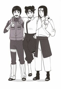 Rule 34 | 1girl, 2boys, arms around neck, chinese clothes, commentary, double bun, english commentary, flak jacket, forehead protector, frown, greyscale, hair bun, headband, highres, hyuuga neji, il1023il, jacket, konohagakure shinobi uniform, konohagakure symbol, monochrome, multiple boys, naruto (series), naruto shippuuden, one eye closed, open-toe shoes, open mouth, rock lee, smile, tenten (naruto)