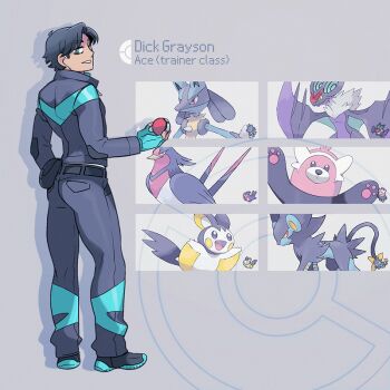 1boy ace_trainer_(pokemon) adapted_costume batman_(series) belt bewear black_hair black_jacket black_pants blue_eyes character_profile contrapposto crossover dc_comics dick_grayson emolga fanny_pack fingerless_gloves fishtre gen_3_pokemon gen_4_pokemon gen_5_pokemon gen_6_pokemon gen_7_pokemon gloves holding holding_poke_ball jacket looking_back lucario luxray male_focus nintendo noivern pants poke_ball poke_ball_(basic) pokemon sideways_mouth smile swellow