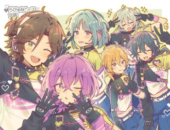 6+boys amolajinzza arm_warmers belt black_gloves blonde_hair blue_hair blue_pants blush bob_cut braid brown_hair charm_(object) closed_eyes closed_mouth commentary cowboy_shot crop_top crossed_bangs curtained_hair detached_sleeves double_inward_v ensemble_stars! gloves green_eyes hair_between_eyes half_up_half_down_braid hanamura_fuyume hand_up hands_up headphones heart hibiki_wataru highres layered_shirt layered_sleeves long_hair low_ponytail male_focus medium_hair microphone mikejima_madara multiple_boys one_eye_closed open_mouth pants ponytail protected_link purple_eyes purple_hair red_eyes shiina_niki shino_hajime shirt short_hair side_braid smile sparkle strap swept_bangs symbol-only_commentary upper_body v white_shirt wispy_bangs