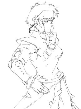 1girl black_outline fingerless_gloves ghost_in_the_shell gloves greyscale head-mounted_display highres kusanagi_motoko looking_to_the_side medium_hair monochrome outline raph_mavrost solo white_background