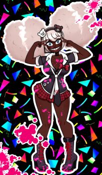 1girl afro afro_puffs bear_hair_ornament black_background black_boots black_hairband black_headband black_shirt blonde_hair blood blood_on_breasts blood_on_clothes blood_on_face blood_on_leg blood_splatter blue_eyes boots bow bowtie breasts knee_boots cleavage collarbone danganronpa_(series) danganronpa_another_episode:_ultra_despair_girls dark-skinned_female dark_skin grin hair_ornament hairband headband high_heel_boots high_heels highres large_breasts legs long_hair looking_at_viewer multicolored_background necktie open_mouth pink_blood plaid_clothes plaid_skirt pleated_skirt red_bow red_shoelaces red_skirt second_generation_enoshima_junko shirt short_sleeves shortcakeemoji simple_background skirt smile solo solo_focus standing teeth thighs v