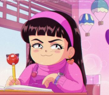 1990s_(style) 1girl :3 abby_(turning_red) animification black_hair blue_overalls brenni_murasaki brown_eyes closed_mouth commentary disney holding holding_pencil jewelry long_hair looking_at_viewer multicolored_hair overalls pencil pink_skirt pixar retro_artstyle shirt sideways_glance skirt smile streaked_hair turning_red