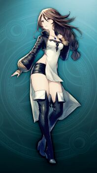 1girl aqua_background black_boots black_jacket black_shorts blue_gem boots braid breasts brown_hair cropped_jacket full_body gem hand_up jacket jewelry long_hair looking_ahead necklace open_clothes open_jacket parted_lips shorts single_braid solo spiked_hair standing teeth thick_thighs thigh_boots thighs