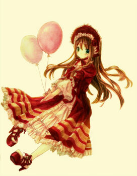1girl balloon blush bonnet brown_hair commentary_request dress full_body gothic_lolita green_eyes lolita_fashion long_hair looking_at_viewer mizuki_riyu original red_dress solo