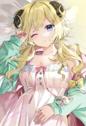 Rule 34 | 1girl, absurdres, animal ears, blonde hair, blue eyes, bow, breasts, cleavage, collarbone, commentary request, dress, empire waist, frilled dress, frills, green jacket, hair bow, hand up, highres, hololive, hood, hooded jacket, horns, jacket, large breasts, long hair, looking at viewer, loungewear, low twintails, lying, official alternate costume, official alternate hairstyle, on back, one eye closed, parted lips, sheep ears, sheep girl, sheep horns, shunka tunacan, signature, single off shoulder, solo, spaghetti strap, swept bangs, tsunomaki watame, tsunomaki watame (loungewear), twintails, virtual youtuber, white dress