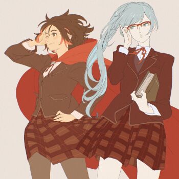 2girls 55bata6rou adjusting_eyewear black_hair blazer blue_eyes blue_hair book brown_jacket brown_skirt cape collared_shirt cowboy_shot glasses hand_on_eyewear hand_on_own_hip highres holding holding_book jacket long_hair long_sleeves looking_to_the_side multicolored_hair multiple_girls neck_ribbon pantyhose plaid_clothes plaid_skirt ponytail red_cape red_hair red_ribbon ribbon ruby_rose rwby school_uniform shirt short_hair skirt smile standing weiss_schnee white_shirt wind