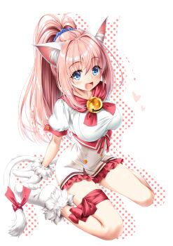Rule 34 | 1girl, :d, animal ear fluff, animal ears, bell, breasts, cat ears, cat girl, cat tail, commentary request, frilled skirt, frills, fur-trimmed gloves, fur trim, gloves, heart, highres, jingle bell, kamiya tomoe, large breasts, long hair, melody sinclair, neck bell, open mouth, pink hair, ponytail, puffy short sleeves, puffy sleeves, shirt, shoes, short sleeves, sitting, skirt, smile, solo, tail, very long hair, wariza, white background, white gloves, white shirt, white shoes, white skirt, yuukyuu gensoukyoku, yuukyuu gensoukyoku revival