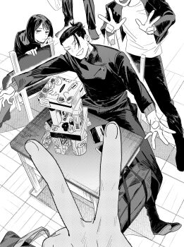 Rule 34 | 1girl, 2boys, 2others, ^ ^, absurdres, aug om, box, chair, closed eyes, commentary request, desk, double v, ear piercing, full body, getou suguru, greyscale, grin, haibara yu, hair bun, hair slicked back, hands up, highres, ieiri shoko, indoors, jacket, jitome, jujutsu kaisen, jujutsu tech uniform, long sleeves, monochrome, mouth hold, multiple boys, multiple others, pants, piercing, school uniform, shirt, shoes, short hair, sitting, smile, tabi, teeth, v