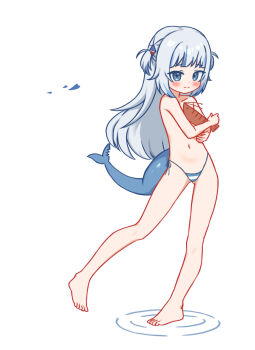1girl animal blue_eyes blue_hair blunt_bangs blush closed_mouth fins fish_tail gawr_gura gba_jasjas hair_ornament highres holding holding_animal hololive hololive_english loli long_hair looking_at_viewer navel no_bra panties shark_girl shark_tail shrimp simple_background smile split_mouth standing standing_on_one_leg stomach striped_clothes striped_panties swimsuit tail underwear virtual_youtuber wading white_background