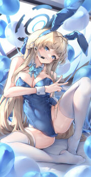 Rule 34 | 1girl, absurdres, animal ear hairband, animal ears, blonde hair, blue archive, blue bow, blue bowtie, blue eyes, blue hair, blue halo, blue leotard, bow, bowtie, braid, breasts, commentary, detached collar, fake animal ears, hair bow, hairband, half up braid, halo, highleg, highleg leotard, highres, large breasts, leotard, long hair, looking at viewer, multicolored hair, no shoes, norimori, official alternate costume, parted lips, playboy bunny, rabbit ear hairband, rabbit ears, solo, spread legs, strapless, strapless leotard, streaked hair, thighhighs, toki (blue archive), toki (bunny) (blue archive), two-tone hair, v, very long hair, white thighhighs, white wrist cuffs, wrist cuffs