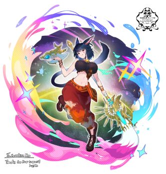 Rule 34 | 1girl, :q, absurdres, animal ears, bare arms, bell, bilingual commentary, black eyes, black tube top, blue hair, boots, braid, breasts, brown boots, cat ears, cat girl, cat tail, closed mouth, collar, commentary, commission, english commentary, facial mark, full body, hand up, highres, holding, jewelry, large breasts, looking at viewer, matsumoto tomoyohi, mixed-language commentary, multiple rings, navel, neck bell, original, pants, red collar, red pants, ring, short hair, skeb commission, solo, star (symbol), star facial mark, stomach, strapless, tail, tongue, tongue out, tube top, white background