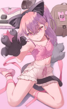 animal_ear_fluff animal_ears animal_hands arm_support between_legs breasts cat_paws earphones embarrassed fake_animal_ears fake_tail gloves highres merong_(sou47897) midriff midriff_peek navel on_floor paw_gloves paw_pose pink_eyes pink_hair pink_tank_top ribbon shorts sitting small_breasts tail tail_between_legs tank_top thighs