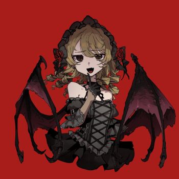 1girl anderson_m0311 bare_shoulders bat_wings black_bow black_dress black_gloves black_hairband bow brown_eyes brown_hair commentary_request cropped_torso dress drill_hair fang finger_to_mouth flower gloves gothic_lolita hairband highres idolmaster idolmaster_cinderella_girls lolita_fashion long_hair long_sleeves looking_at_viewer morikubo_nono open_mouth red_background red_flower red_rose ringed_eyes ringlets rose simple_background skin_fang smile solo wings