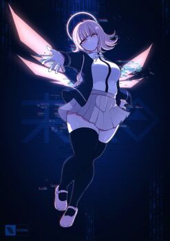 1girl breasts brown_hair brown_skirt collared_shirt danganronpa_(series) danganronpa_2:_goodbye_despair flipped_hair hair_ornament highres hood jacket long_sleeves looking_at_viewer medium_hair nanami_chiaki neck_ribbon open_clothes open_jacket pink_eyes pink_ribbon pleated_skirt ribbon shirt skirt smile solo soshu_(soshuscribbles) thighhighs two-tone_shirt white_shirt