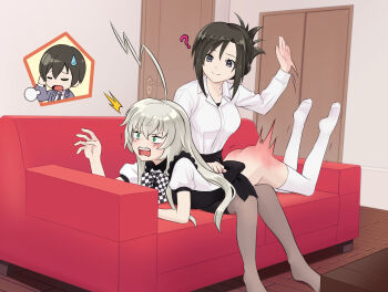 2girls ? ^^^ ahoge apron ass ass_smack black_apron black_hair black_skirt blush bow bowtie breasts checkered_bow checkered_bowtie checkered_clothes chinese_commentary closed_mouth collared_shirt commentary_request commission dress_shirt folded_ponytail frilled_apron frills green_eyes grey_eyes grey_hair hair_between_eyes haiyore!_nyaruko-san hand_up highres huge_ahoge indoors large_breasts legs_up lightning_ahoge long_hair looking_ahead looking_at_another lying lying_on_lap medium_hair motion_lines multiple_girls no_panties nyarlathotep_(nyaruko-san) on_stomach open_mouth over_the_knee puff_of_air puffy_short_sleeves puffy_sleeves punishment riddle_aster second-party_source shirt short_sleeves sidelocks skirt smile soles spanked spanking split_mouth spoken_character straight_hair sweatdrop tearing_up teeth the_pose thighhighs trembling upper_teeth_only v-shaped_eyebrows white_shirt white_thighhighs wide-eyed yasaka_mahiro yasaka_yoriko