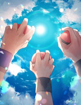 1girl 2boys absurdres blue_oak cloud commentary_request day hand_focus highres holding holding_poke_ball leaf_(pokemon) multiple_boys nintendo outdoors poke_ball poke_ball_(basic) pokemon pokemon_frlg red_(pokemon) shiruko_(s1ruko) sky twitter_username watermark wristband