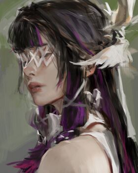 1girl bare_shoulders black_hair blunt_bangs closed_eyes columbina_(genshin_impact) commentary eye_mask genshin_impact hair_ornament highres long_hair long_sidelocks looking_back mask multicolored_hair pluvium_grandis portrait realistic sidelocks solo streaked_hair two-tone_hair