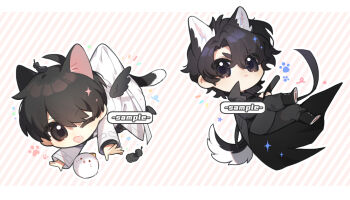 2boys :&lt; ;d animal_ears biyoo_(omniscient_reader&#039;s_viewpoint) black_coat black_hair black_shirt black_wings cat_ears cat_tail chibi chibi_only clothes_lift coat crossed_arms crossed_legs curtained_hair dog_ears dog_tail double-parted_bangs elzfbrvsnr30247 feathered_wings floating full_body hair_between_eyes hashtag-only_commentary kemonomimi_mode kim_dokja male_focus mini_wings multiple_boys omniscient_reader&#039;s_viewpoint one_eye_closed open_mouth outstretched_arms scabbard sheath shirt shirt_lift short_hair smile tail white_coat wings yoo_joonghyuk