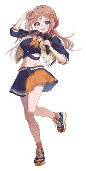 Rule 34 | 1girl, :d, absurdres, arm up, blue eyes, blue shoes, breasts, brown hair, brown skirt, brown socks, campus mode!! (idolmaster), chobi (penguin paradise), commentary request, full body, gakuen idolmaster, grey jacket, groin, hair bun, hair ornament, hairclip, highres, himesaki rinami, holding, holding microphone, idolmaster, jacket, long hair, long sleeves, medium breasts, microphone, navel, open clothes, open jacket, open mouth, pleated skirt, puffy long sleeves, puffy sleeves, shoes, simple background, skirt, smile, socks, solo, standing, standing on one leg, white background