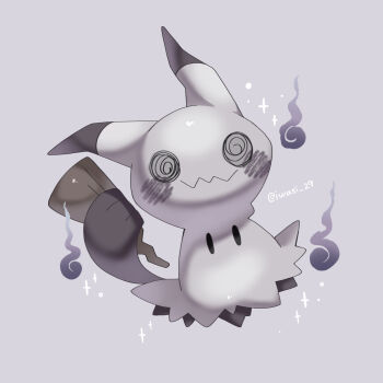 Rule 34 | alternate color, artist name, commentary request, fire, gen 7 pokemon, grey background, highres, iwasi 29, mimikyu, nintendo, no humans, pokemon, pokemon (creature), shiny pokemon, simple background, solid oval eyes, sparkle, tail, twitter username, wavy mouth