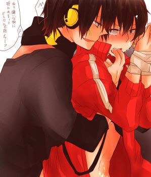 2boys aoi_choko_(aoichoco) bandages bdsm black_hair blush bondage bound clothed_sex dark_konoha drooling finger_in_another&#039;s_mouth finger_sucking headphones highres jacket kagerou_project kisaragi_shintarou konoha_(kagerou_project) male_focus monaco0704 multiple_boys open_mouth red_eyes short_hair tears track_jacket translation_request vocaloid yamaha yaoi