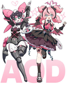 2girls aria_(discordant_note)_(zenless_zone_zero) aria_(zenless_zone_zero) arms_up bare_shoulders black_boots black_gloves black_hair black_thighhighs blue_eyes blush boots breasts commentary_request cross-shaped_pupils detached_sleeves dress dual_persona gloves green_eyes heart highres kiyokezo kneehighs korean_commentary long_sleeves multicolored_hair multiple_girls official_alternate_costume open_mouth pink_hair quad_tails robot_girl skindentation small_breasts socks standing standing_on_one_leg star_(symbol) streaked_hair symbol-shaped_pupils thighhighs v zenless_zone_zero