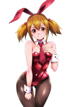 1girl alternate_costume animal_ears breasts brown_hair brown_pantyhose detached_collar fake_animal_ears fishnet_pantyhose fishnets highres island_(kossori) leotard medium_breasts necktie pantyhose playboy_bunny rabbit_ears red_eyes short_hair silica small_breasts smile solo strapless strapless_leotard sword_art_online twintails white_background