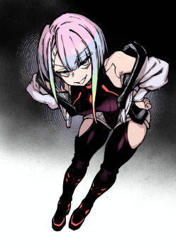 1girl amaya_5321 asymmetrical_bangs bare_shoulders bent_over boots breasts clothing_cutout cyberpunk:_edgerunners cyberpunk_(series) detached_sleeves evil_smile full_body gradient_background gradient_hair grin jacket large_breasts leaning_forward leotard lips long_hair long_sleeves looking_at_viewer lucy_(cyberpunk) makeup multicolored_hair open_clothes open_jacket shorts single_sidelock smile solo standing teeth thigh_cutout thighhighs