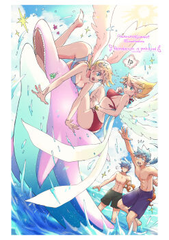 !? 2boys 2girls :o absurdres bare_shoulders barefoot bikini bird_wings blonde_hair blue_bikini blue_eyes blue_hair blue_sky breasts breath_of_fire breath_of_fire_iii breath_of_fire_iv cleavage cloud commentary dated dolphin green_eyes highres large_breasts male_swimwear maruno multiple_boys multiple_girls nina_(breath_of_fire_iii) nina_(breath_of_fire_iv) ocean octopus red_bikini ryu_(breath_of_fire_iii) ryu_(breath_of_fire_iv) short_hair sky strapless strapless_bikini sun sweatdrop swim_trunks swimsuit twitter_username water white_wings wings