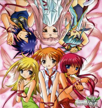 00s 6+girls anise_azeat apricot_sakuraba blonde_hair blue_hair breasts broccoli_(company) brown_eyes circle_formation cleavage dark_skin dark-skinned_female facial_mark female_focus forehead_mark galaxy_angel galaxy_angel_rune grey_eyes highres izayoi_natsume kahlua_marjoram kanan lily_c._sherbet long_hair medium_breasts midriff multiple_girls nano-nano_pudding orange_hair pink_hair purple_eyes purple_hair red_hair ribbon short_hair small_breasts twintails very_long_hair wings