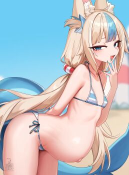 Rule 34 | 1girl, absurdres, animal ear fluff, animal ears, bare shoulders, big belly, bikini, blonde hair, blue eyes, blue hair, breasts, cat ears, collarbone, commentary, english commentary, fins, fish tail, flat chest, highres, indie virtual youtuber, leaning forward, long hair, looking at viewer, low twintails, mesugaki pose, micro bikini, multicolored hair, navel, open mouth, pregnant, sameko saba, small breasts, solo, stomach, streaked hair, swimsuit, tail, twintails, unstableboiler, very long hair, virtual youtuber
