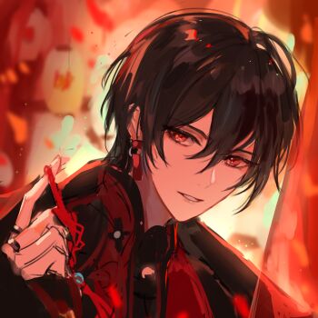 1boy absurdres ayn_alwyn ayn_alwyn_(awakening) black_coat black_hair black_shirt blurry blurry_background chinese_commentary coat coat_on_shoulders earrings hair_between_eyes hand_up highres holding jewelry lantern long_sleeves looking_at_viewer lovebrush_chronicles male_focus multiple_rings official_artist_extra paper_lantern parted_lips portrait red_eyes red_vest ring shirt short_hair single_earring sleeves_past_wrists smile solo tknife vest warm_colored