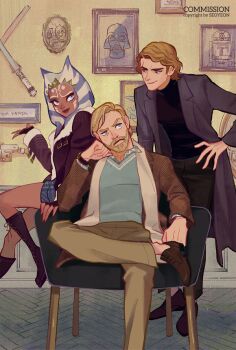 ahsoka_tano alien anakin_skywalker animification armchair beard blonde_hair blue_eyes boots chair coat colored_skin darth_vader energy_sword facial_hair facial_tattoo jacket jedi jedi_knight lace-up_boots lightsaber mole no_socks obi-wan_kenobi orange_skin overcoat pants photo_(object) picture_frame r2-d2 raised_eyebrow scar scarf seoyeon shirt shoes short_hair skirt star_wars star_wars:_the_clone_wars sweater sword tattoo tentacle_hair togruta turtleneck turtleneck_sweater v-neck weapon