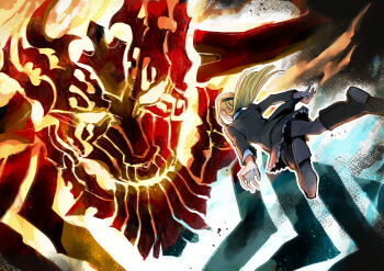 1boy 1girl breasts brown_hair burning commentary_request eyepatch fate/grand_order fate_(series) fire giant glowing glowing_eyes gotterdammerung_(fate/grand_order) jacket long_hair long_sleeves ophelia_phamrsolone raikou_(symposion) ribbon shirt surtr_(fate)