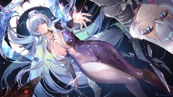 1girl blush bodysuit breasts broken_glass colored_eyelashes commentary_request glass goddess_of_victory:_nikke hanh_chu highres large_breasts liliweiss_(nikke) long_hair multicolored_bodysuit nayuta_(nikke) nayuta_(wu_wei)_(nikke) purple_bodysuit rapture_queen_(nikke) see-through_bodysuit see-through_clothes solo split-color_clothes two-tone_bodysuit unusually_open_eyes very_long_hair water_sleeves white_eyelashes white_hair